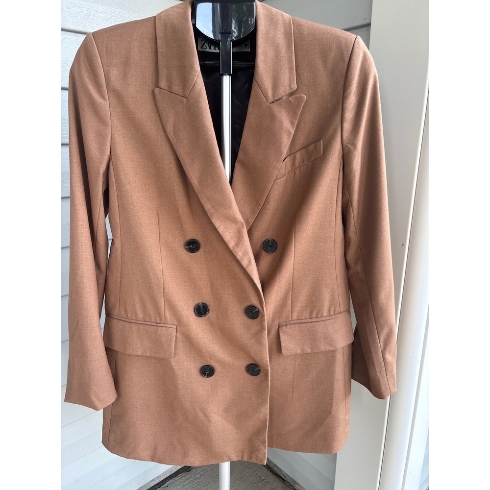 Zara Womens Double Breasted Blazer Camel Brown Peaked Lapel Size Medium
